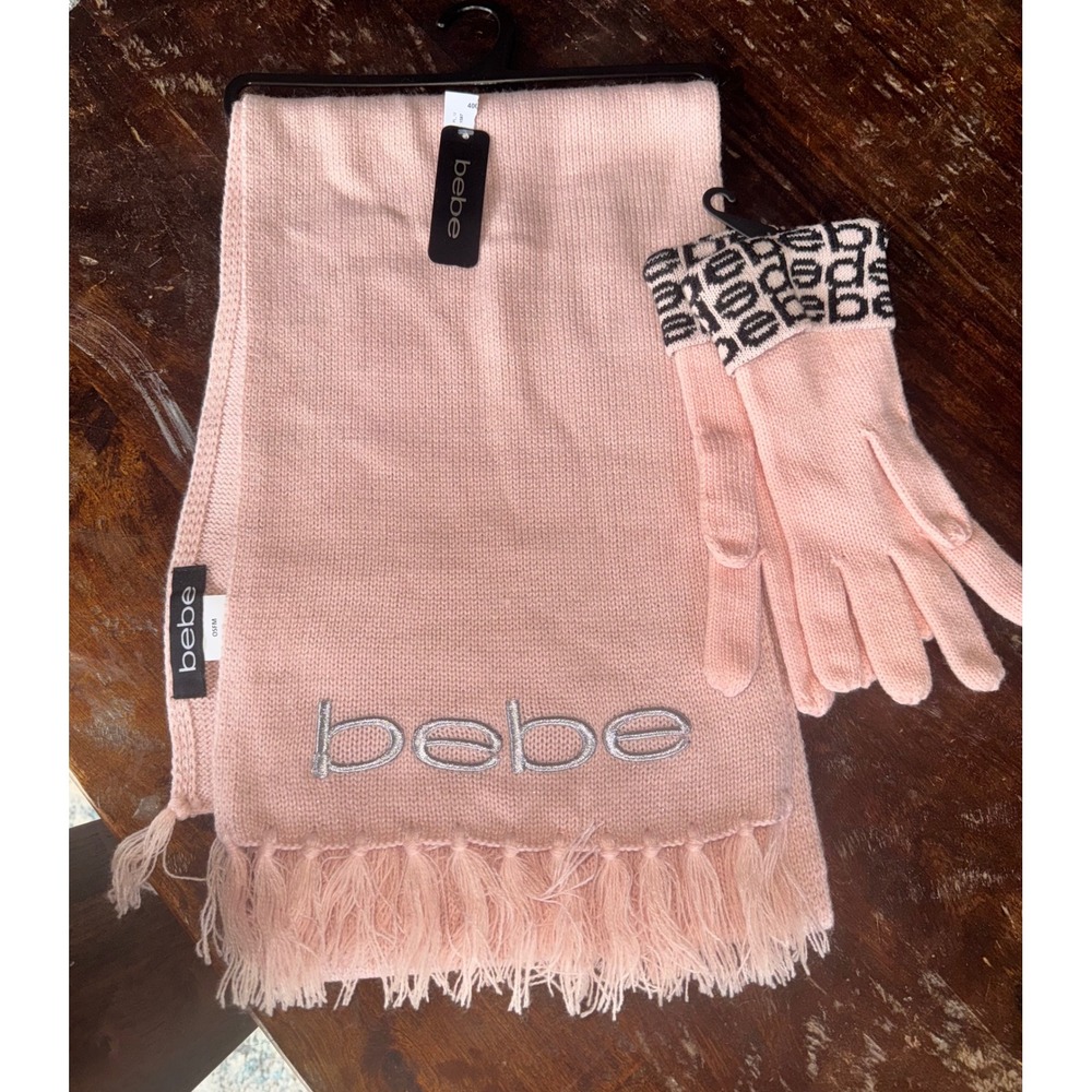 Bebe Womens Pink Knit Scarf‎ and Glove Set Metallic Logo Fringe OSFM NEW
